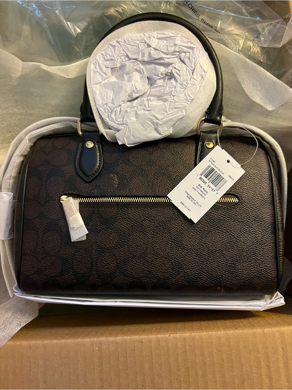 NWT Coach Rowan Satchel Bag In Signature Canvas CV961 walnut black. Medium.